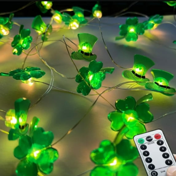 St Patricks Day Lights Battery Operated LED String Lights with Clover and Hat Pendant for Indoor Outdoor Holiday Party Decor(Green-D)