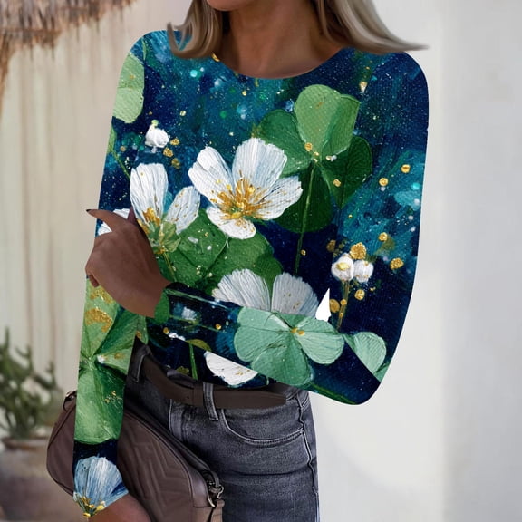 St Patricks Day Long Sleeve Shirts for Women Slim Fit Irish Clover Ribbed Underwear Tee Shirt Fashion Base Layer Crew Neck Blouse 2026 Blue L