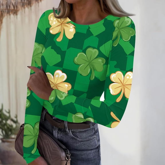 St Patricks Day Long Sleeve Shirts for Women Slim Fit Irish Clover Ribbed Underwear Tee Shirt Fashion Base Layer Crew Neck Blouse 2026 Dark Green M