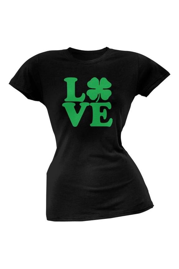 St. Patricks Day - Love Irish Shamrock Black Juniors Soft T-Shirt - Large