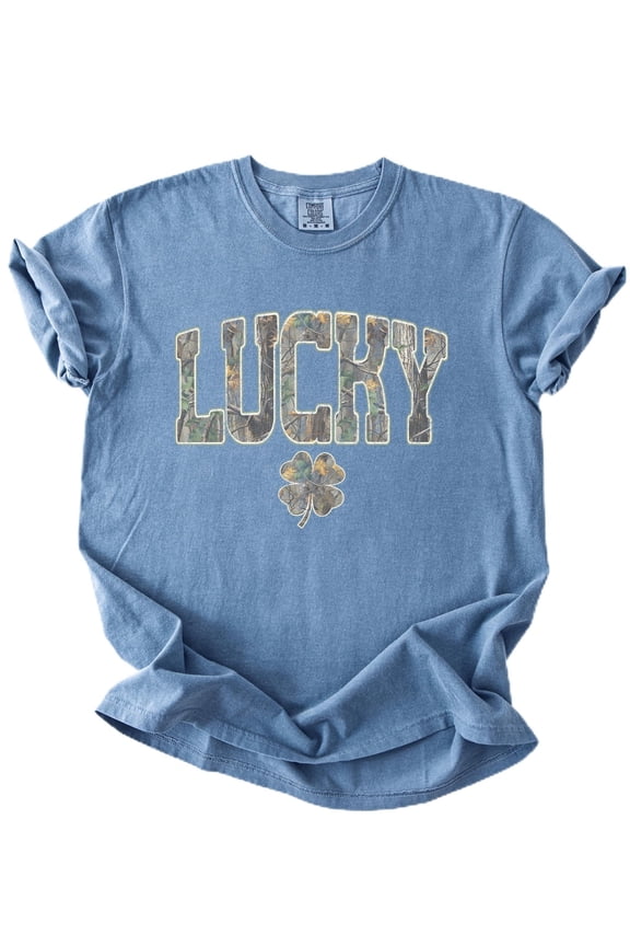 St Patricks Day Lucky Camo Shirt for Men and Women Irish Shamrock Clover Unisex Tee Blue Jean Shirt Adult Small