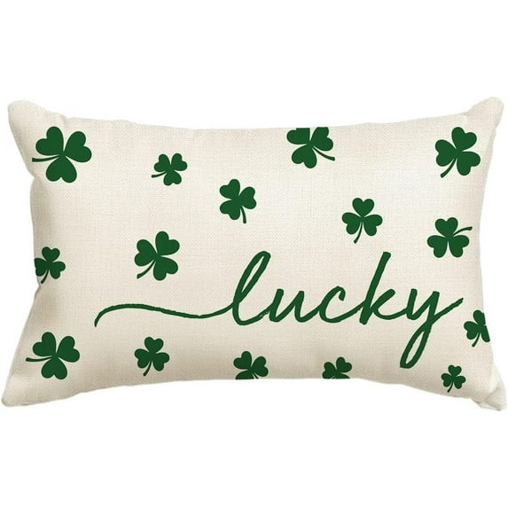 St Patricks Day Lucky Clover White Throw Pillow Cover, 12 x 20 Inch Shamrock Green Cushion Case Decoration for Sofa Couch