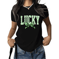 thumbnail image 1 of St Patricks Day Lucky Graphic Tees Print Tshirt Shirts Black Green Checkerboard Bow Women Casual Tops S-5XL, 1 of 5