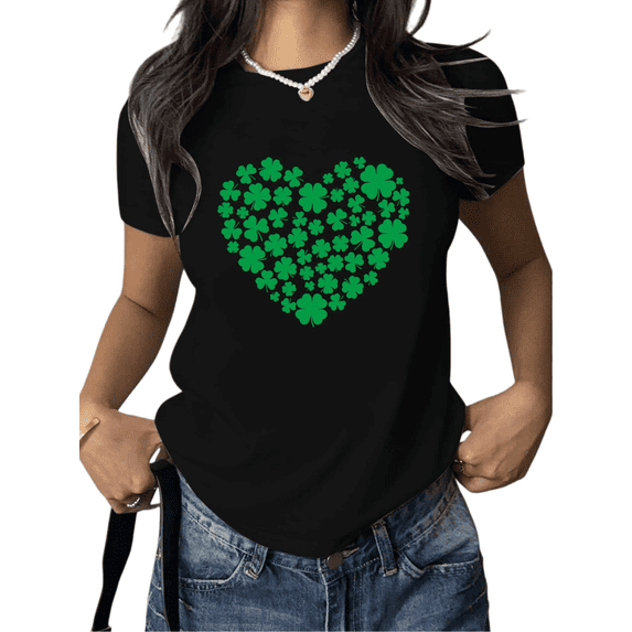 St Patricks Day Lucky Graphic Tees Print Tshirt Shirts Black Green Heart Clover Women Festive Tops S-5XL