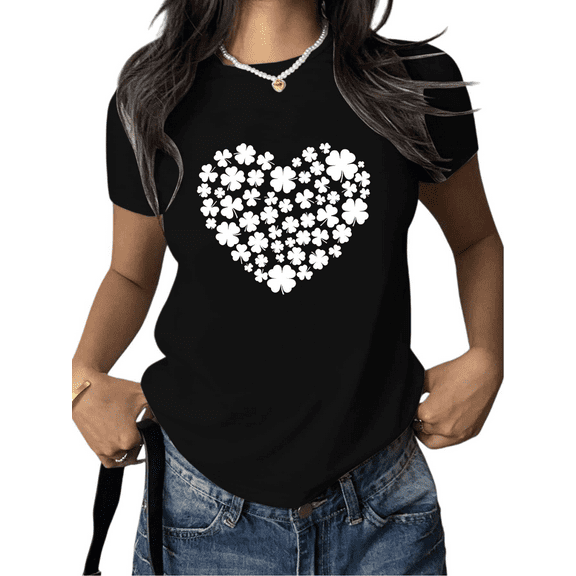 St Patricks Day Clover Heart Print Tshirt Graphic Tees Black Shirts S-5XL Womens Lucky Tops