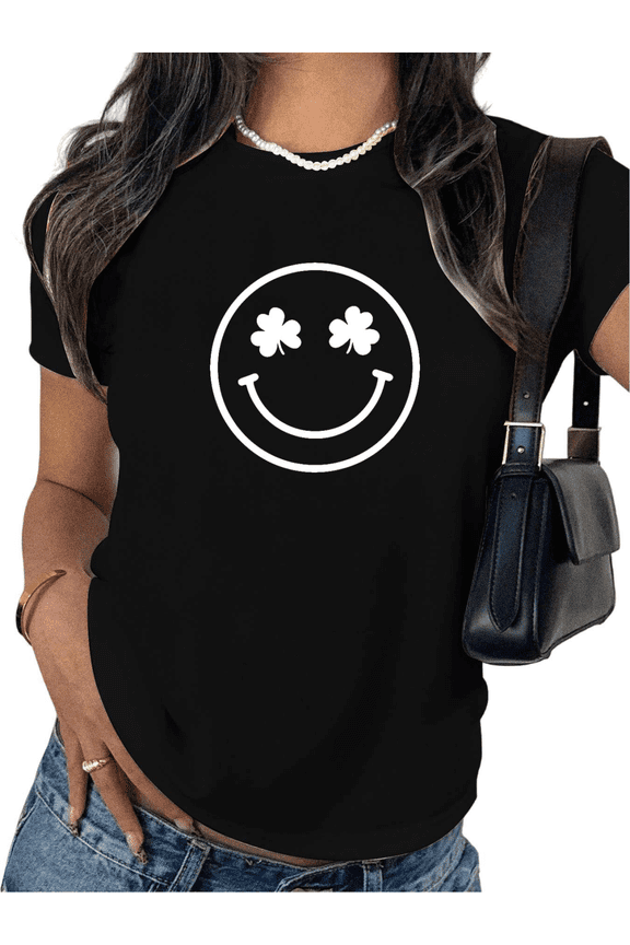 St Patricks Day Lucky Graphic Tees Print Tshirt Shirts Black White Smile Face Clover Women Daily Tops S-5XL