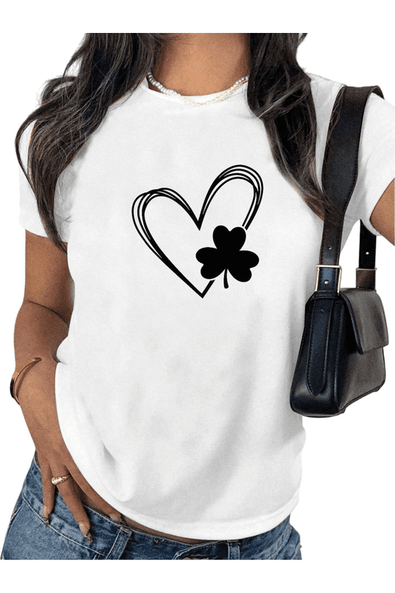 St Patricks Day Lucky Graphic Tees Print Tshirt Shirts White Black Heart Clover Women Casual Tops S-5XL