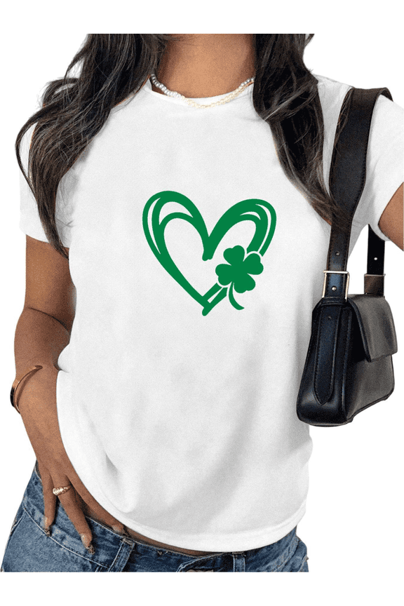 St Patricks Day Lucky Graphic Tees Print Tshirt Shirts White Green Wrapped Heart Clover Women Daily Tops S-5XL