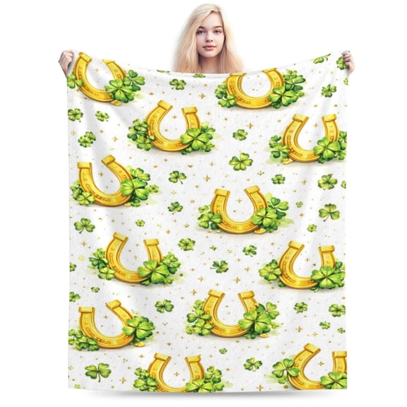 St Patricks Day Lucky Horseshoe Clover Pattern Blanket Gift Throw Blanket Cozy Soft Irish Holiday Home Decor Gift for Family 50x40