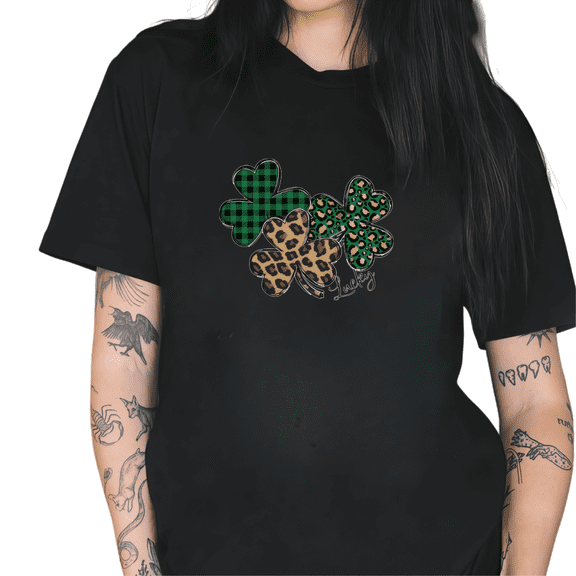 Lucky Leopard Shamrock Print Tshirt Graphic Tees Black Shirts S-5XL St Patricks Day Cute Womens Tops