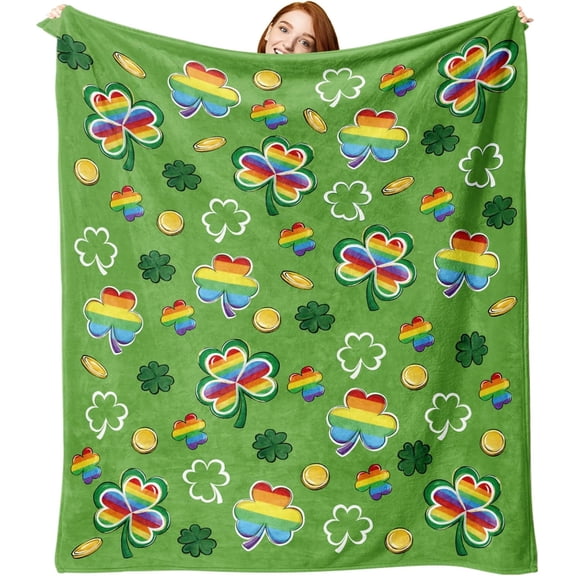 St Patricks Day Lucky Shamrock Throw Flannel Blanket, Blue Clover Gifts for Kids Men Women, Spring Irish Soft Blanket for Bedding Sofa 50 x 60 Inches