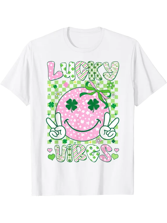 St Patricks Day Lucky Vibes Shamrock Women Girls T-Shirt