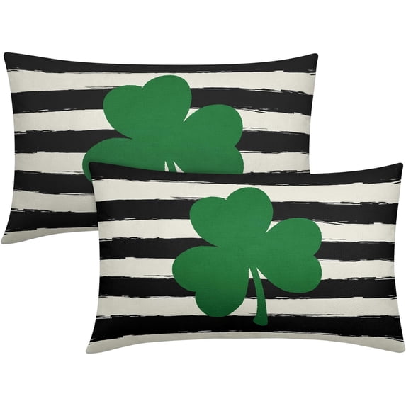 St Patricks Day Lumbar Pillow Covers 12X20 Inch Green Shamrock Clover Black Stripes Decorative Rectangle Pillow Cases Set of 2 Spring Throw Pillows Farmhouse Home Decor for Sofa Couch Bedroom Outdoor