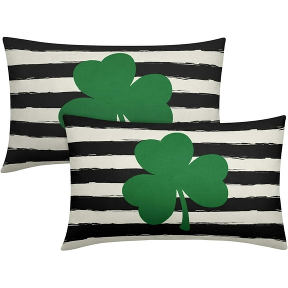 St Patricks Day Lumbar Pillow Covers 12X20 Inch Green Shamrock Clover Black Stripes Decorative Rectangle Pillow Cases Set of 2 Spring Throw Pillows Farmhouse Home Decor for Sofa Couch Bedroom Outdoor