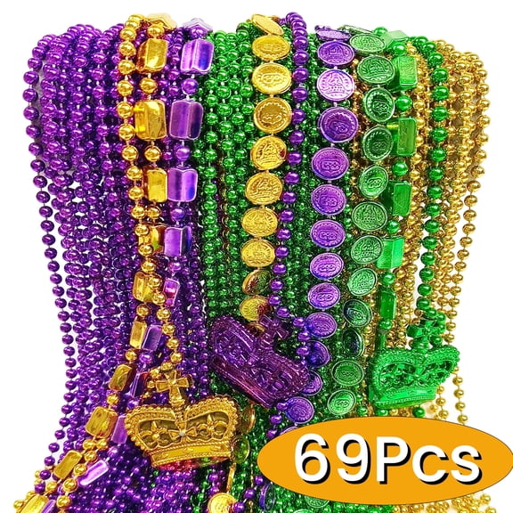 Mardi Gras Beads Necklace Mardi Gras Accessories Metallic Disco Party Favors Neon Jewelry for Women Men Festival Parade Throw Accessories 69Pcs