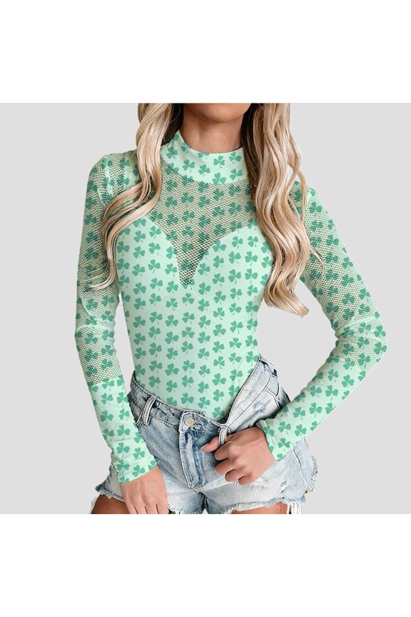 St Patricks Day Mesh Sheer Bodysuits See Through Going Out Long Sleeve Green Irish Printed Tops Bodysuits Romper