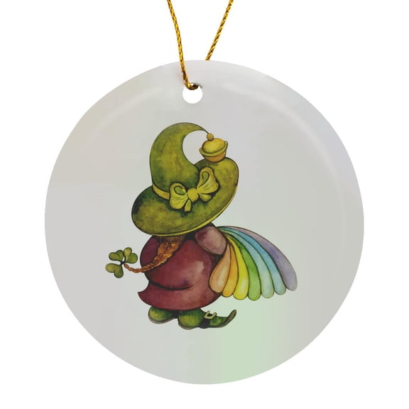 3drose, St Patricks Day Old Woman Gnome Holding a Rainbow Illustration, Circle Porcelain Ornament