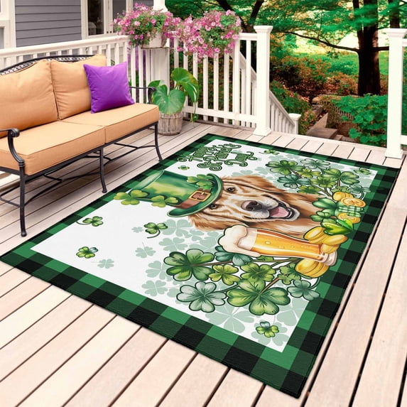 St Patricks Day Outdoor Rug 3x5 Ft, Non Slip Washable Area Rug, Modern Watercolor Dogs Green Shamrock Patio Rugs Carpet Runner, Large Floor Mat for Indoor/Outdoor Deck Porch Camping