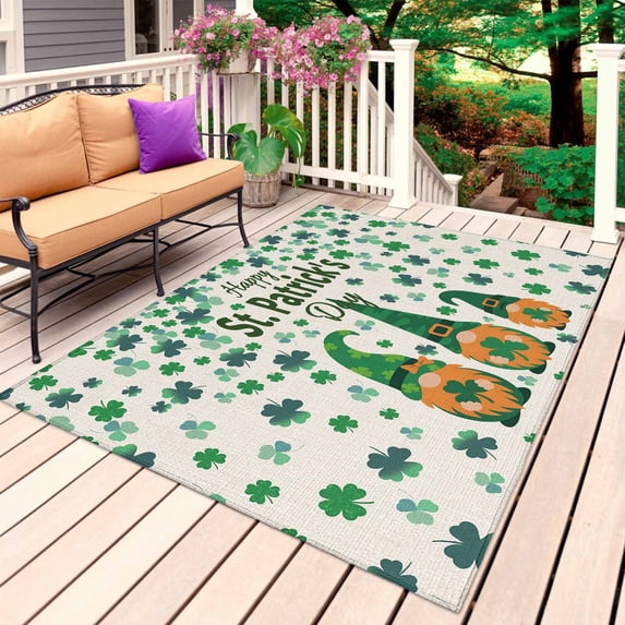 St Patricks Day Outdoor Rug 4x6 Ft, Non Slip Washable Area Rug, Green Shamrock Spring Watercolor Gnomes Beige Patio Rugs Carpet Runner, Large Floor Mat for Indoor/Outdoor Deck Porch Camping