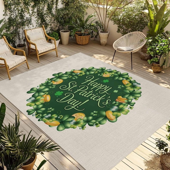 St Patricks Day Outdoor Rug for Patio/Deck/Porch, Non-Slip Large Area Rug 5 x 8 Ft, Spring Gold Coin Green Shamrock on Linen Indoor Outdoor Rugs Washable Area Rugs, Camping Rug Carpet Runner