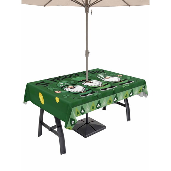 St Patricks Day Outdoor Tablecloth - 52x70 Inch Rectangle Dining Table Cover, Gnomes Green Shamrock Spring Gold Coin Striped Waterproof Outdoor Table Cloth with Umbrella Hole & Zipper for Patio