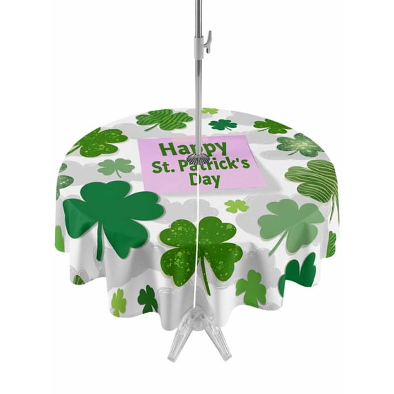St Patricks Day Outdoor Tablecloth - 60 Inch Round Dining Table Cover, Shamrock Grey Green Spring Modern Leaf Waterproof Outdoor Table Cloth with Umbrella Hole & Zipper for Picnic/Patio/Party