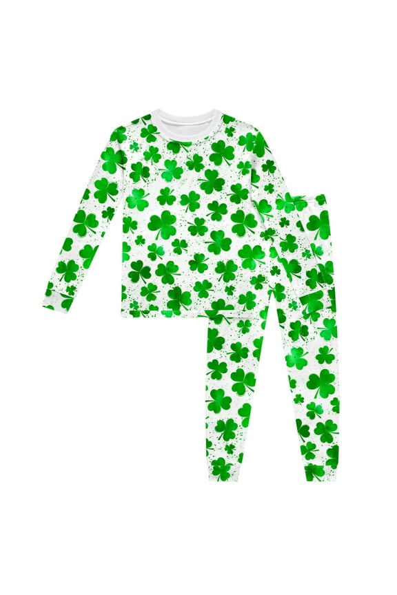 St Patricks Day Outfit Baby Girl Shamrock Graphic Fashion Long Sleeve Home Clothes Crewneck Two-Piece Pj Sleepwear Sets Green&2-3 Years