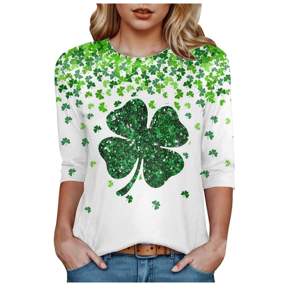St Patricks Day Outfits For Women Tops For Women Trendy 2025 Casual Plus Size 3/4 Sleeve Irish Clover Shirts Funny Saint Patrick's Tunic Tops Dark Green XL