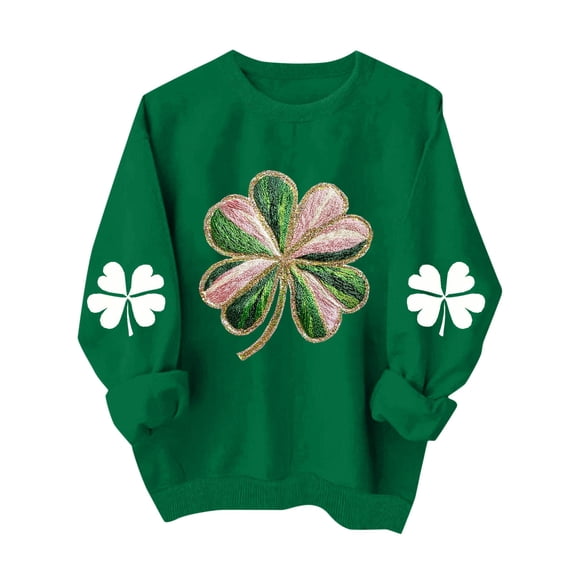 St Patricks Day Outfits for Women Four Leaf Clover Shirt Long Sleeve Casual Pullover Cute Crewneck Graphic Sweatshirt Irish Green Womens Tops