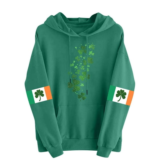 St Patricks Day Outfits for Women Leopard Shamrock Print Sweatshirt Drop Shoulder Hoodie with Pocket Irish Green Long Sleeve Shirt