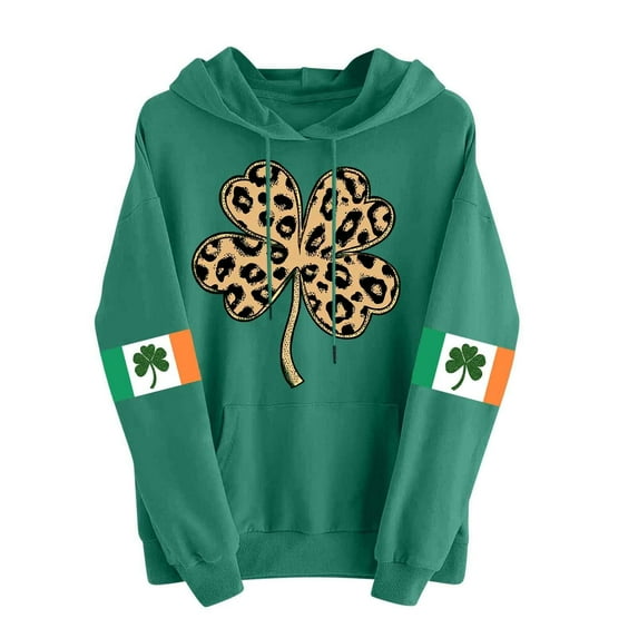 St Patricks Day Outfits for Women Leopard Shamrock Print Sweatshirt Drop Shoulder Hoodie with Pocket Irish Green Long Sleeve Shirt