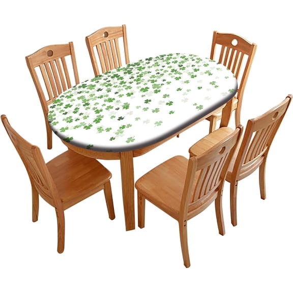 St Patricks Day Oval Fitted Tablecloths, Green Shamrock Clover Elastic Edged Polyester Fitted Table Cover, for Indoor Outdoor Picnic Dining and Spring Holiday Use, 48*68(Oval)