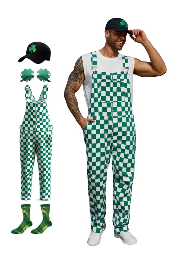 St Patricks Day Overalls Men Irish Jumpsuit,Green Sunglasses,Shamrock Hat,Socks,4 Pcs Festival Outfits(Green Checkered,L)