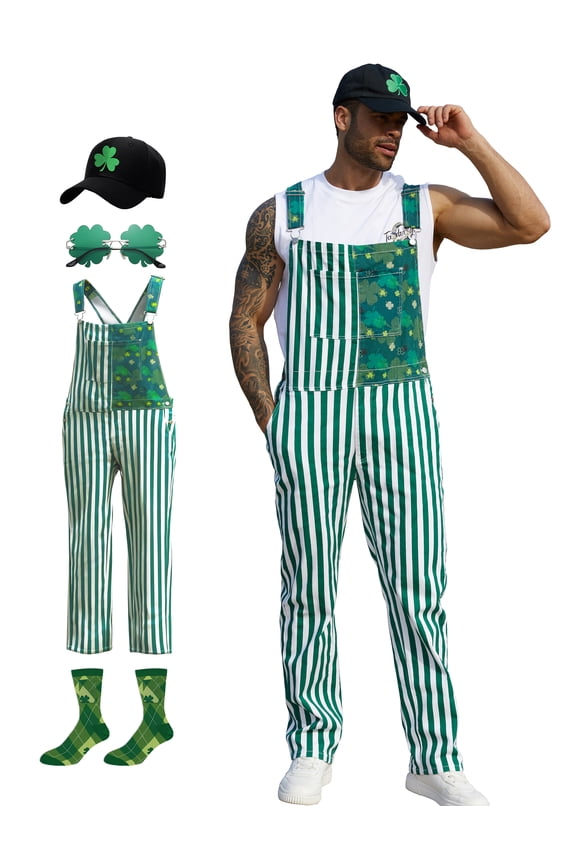 St Patricks Day Overalls for Men,Green Sunglasses,Shamrock Hat,Cotton Socks,4 Pcs Festival Outfits Irish Gifts(Green Striped,L)