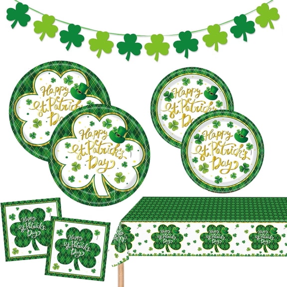 St Patricks Day Party Supplies Set Serve 25, Shamrock St Patricks Day Paper Plates and Napkins Tablecloth, Banner for the Irish St. Patrick's Party Decorations