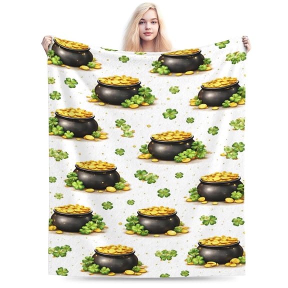 St Patricks Day Pattern Blanket Gift Throw Blanket Cozy Soft Lucky Clover Pot of Gold Irish Holiday Home Decor 50x40
