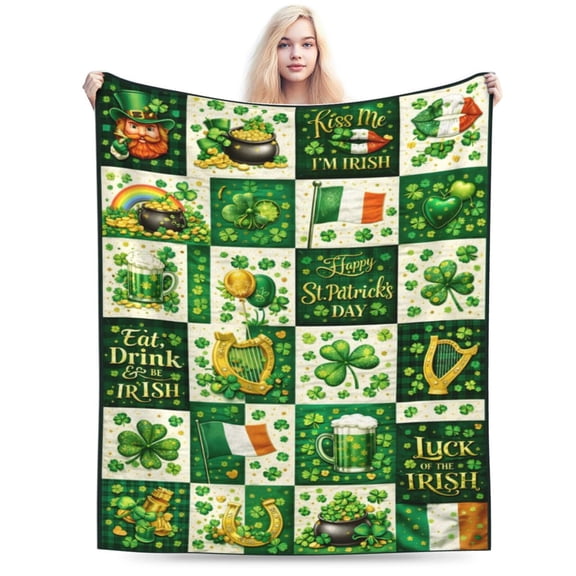 St Patricks Day Pattern Blanket Irish Clover Lucky Theme Throw Blanket Cozy Soft Holiday Gift Home Decor 50x40