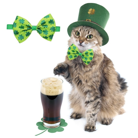 St Patricks Day Pet Bow Tie Clover Printed Adjustable Dog Cat Bowtie Party Costume Festive Irish Holiday Accessory for Small Medium Large Pets Perfect for Photo Shoots Celebrations