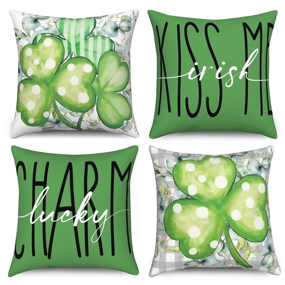 St Patricks Day Pillow Cover 16x16 Set of 4,Green Lucky Shamrock Pillow Cases Couch Cushion for Bedroom Decor