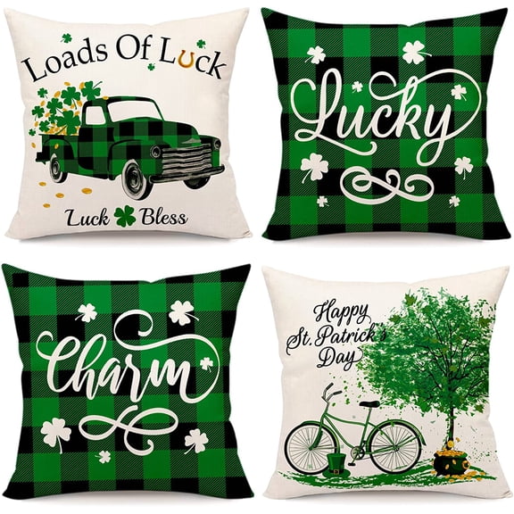 St Patricks Day Pillow Covers 18x18 Inch, Lucky Buffalo Check Clover St Patricks Day Pillows Shamrock Clover Throw Pillowcase Decorative Cotton Linen Cushion Cases for Home Decor