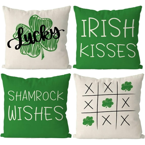 St Patricks Day Pillow Covers 18x18 Inch Set of 4 Irish Kisses Throw Pillowcase Hat Shamrock Wishes Home Sofa Pillowcase Happy St. Patrick''s Day Farmhouse Decoration Cushion Cases