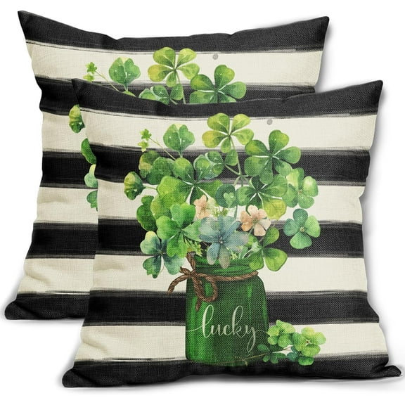 St Patricks Day Pillow Covers 18x18 Set of 2 Spring Green Vases Lucky Clover Black Stripes Decorative Throw Pillow Cases Outdoor Farmhouse Decoration for Sofa Couch Bed