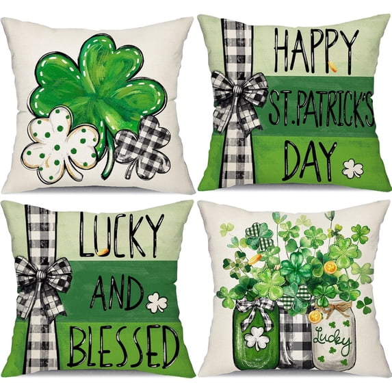 St Patricks Day Pillow Covers 18x18 Set of 4 Happy St Patricks Day Lucky Green Clovers Decor for Throw Pillows covers St Patricks Day Pillow covers Decor Couch Living room 80D