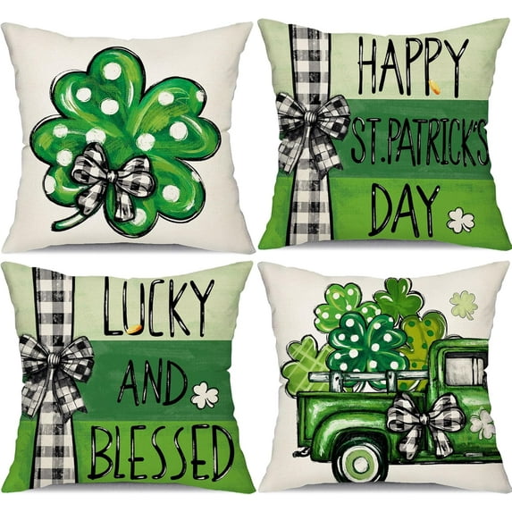 St Patricks Day Pillow Covers 18x18 Set of 4 Happy St Patricks Day Lucky Green Clovers Decor for Throw Pillows covers St Patricks Day Pillow covers Decor Couch Living room 80A