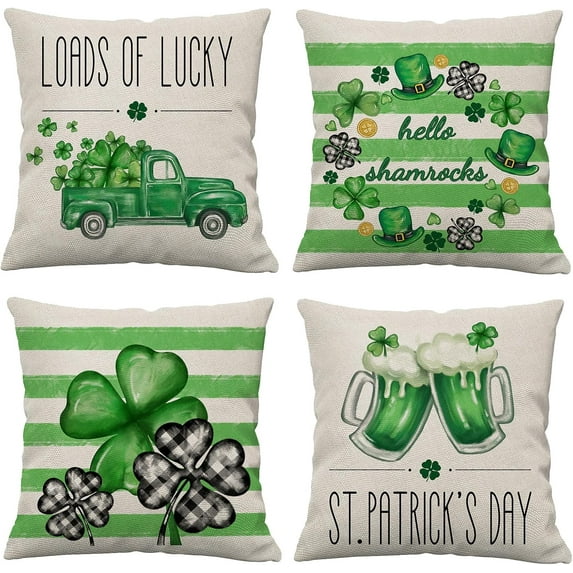 St Patricks Day Pillow Covers 18x18 Set of 4 Saint St Patricks Day Pillow Covers Decor green Shamrock Clover Lucky Truck Pillows Covers Cuchion Covers for March Holiday Home Outdoor Decorative 18inch