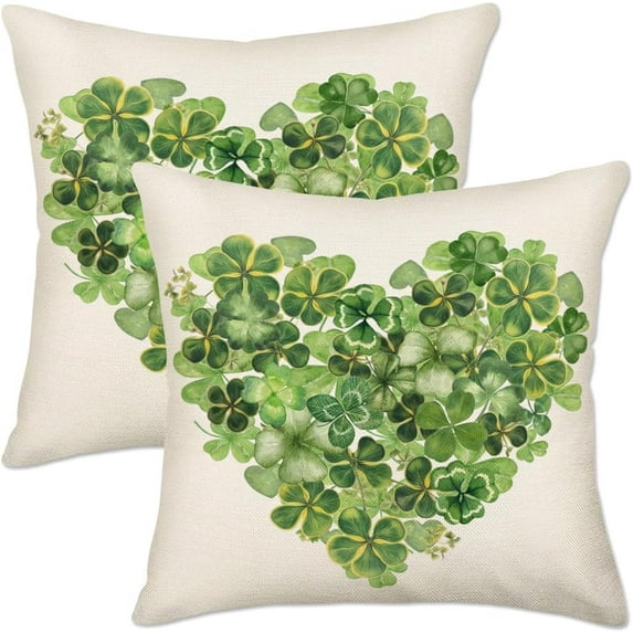 St Patricks Day Pillow Covers 20x20 Inch Set of 2 Lucky Clover Shamrocks Green Heart Decorative Pillowcase Spring Farmhouse Holiday Decorations Cushion Case for Couch Sofa Bed