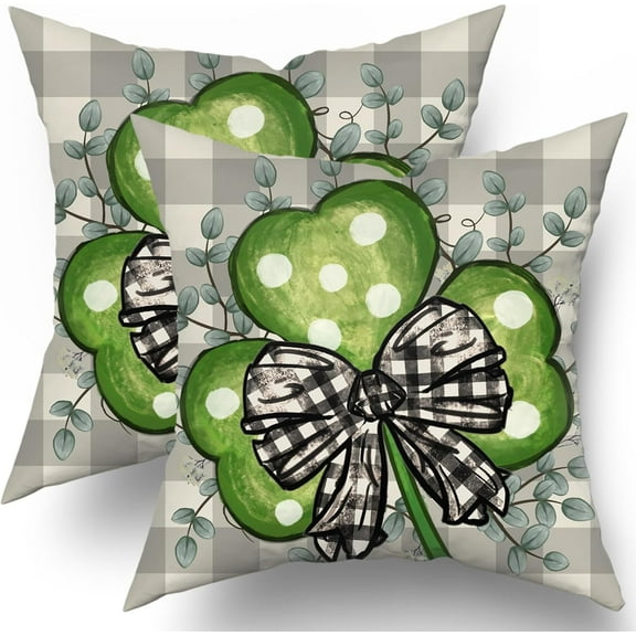 St Patricks Day Pillow Covers 20x20 Set of 2 Watercolor Green Lucky Clover Shamrock Grey Buffalo Plaid Decorative Throw Pillow Cases Farmhouse Decoration for Sofa Couch Bed