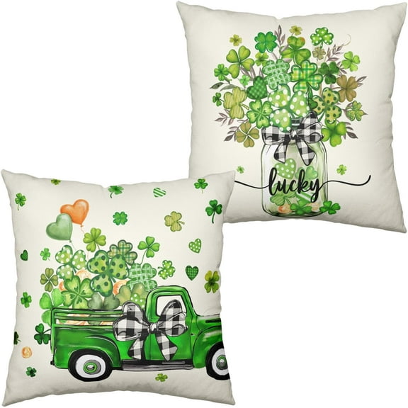 St Patricks Day Pillow Covers Green Lucky Truck Filled with Clover Decorative Pillowcases 18x18 Set of 2 Shamrock Vase Throw Pillow Covers for Spring March Holiday Home Decor