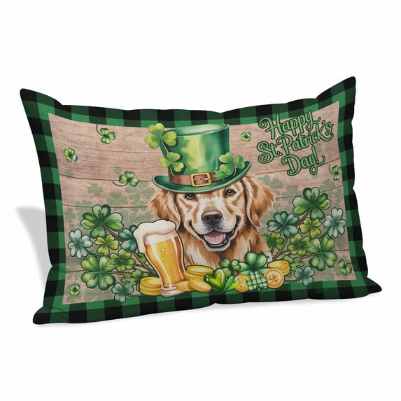St Patricks Day Pillow Covers, Linen Long Throw Pillow Case, Watercolor Dogs Green Shamrock Wood Grain Holiday Pillow Protector Decorative Cushion Cover for Living Room/Bedroom 20" x 36"