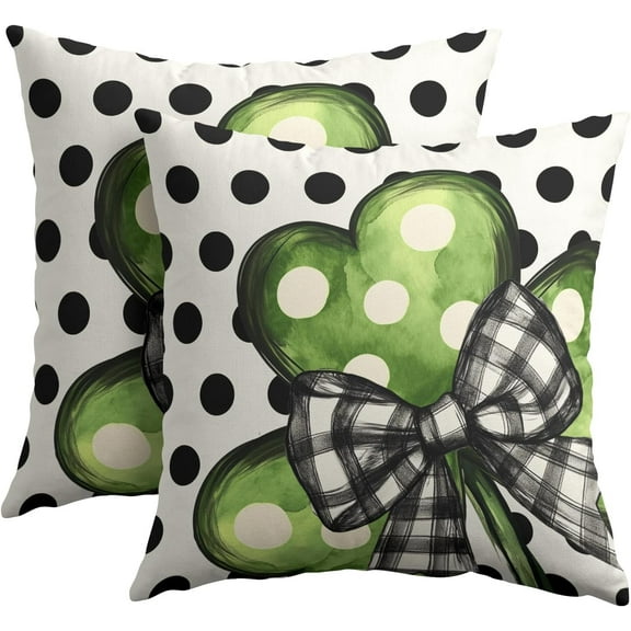 St Patricks Day Pillow Covers Set of 2, 20x20 Inch Polka Dots Lucky Green Shamrock Leaf Cotton Linen Square Cushion Pillowcases for Couch Sofa Bedroom Livingroom Holiday Home Decor